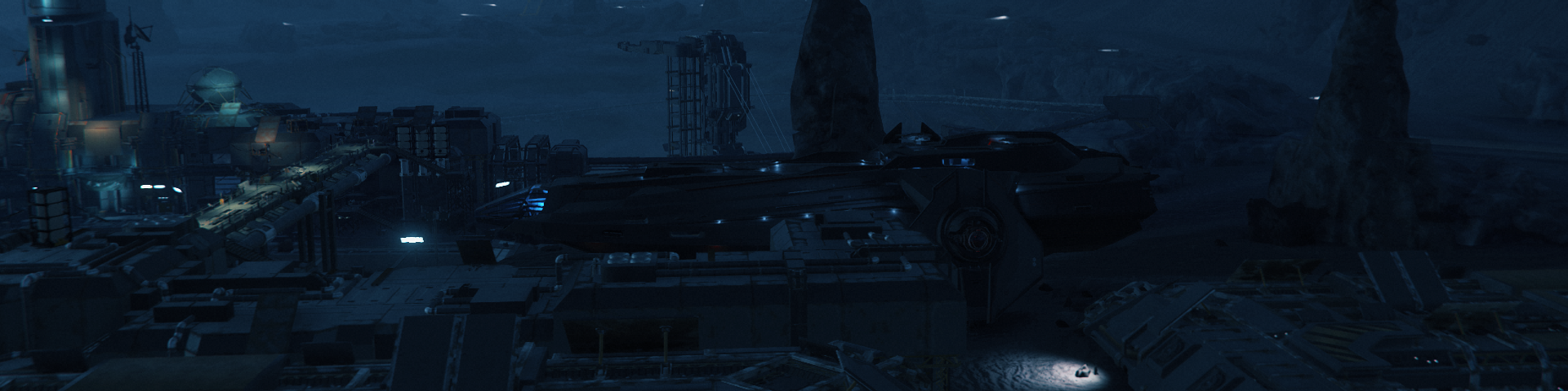 Portside view of a space frigate landed at a mining facility on a dark world.